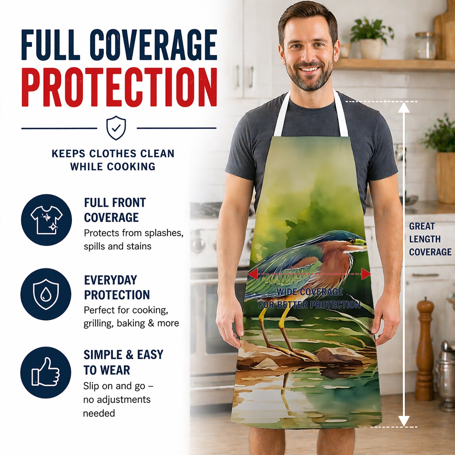 Green Heron Standing Shoreline Apron Cooking Kitchen Server Baking Crafts Gardening for Adult Women Men, Unisex, Large, Multicolor