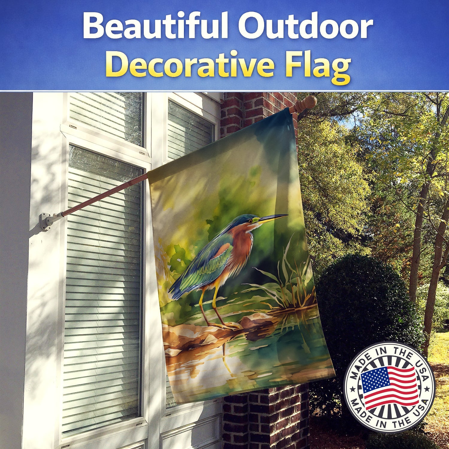 Green Heron Standing Shoreline House Flag 28x40 Porch Sleeve Pole Decorative Outside Yard Banner Artwork Wall Hanging, Polyester