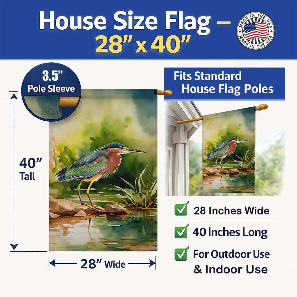 Green Heron Standing Shoreline House Flag 28x40 Porch Sleeve Pole Decorative Outside Yard Banner Artwork Wall Hanging, Polyester