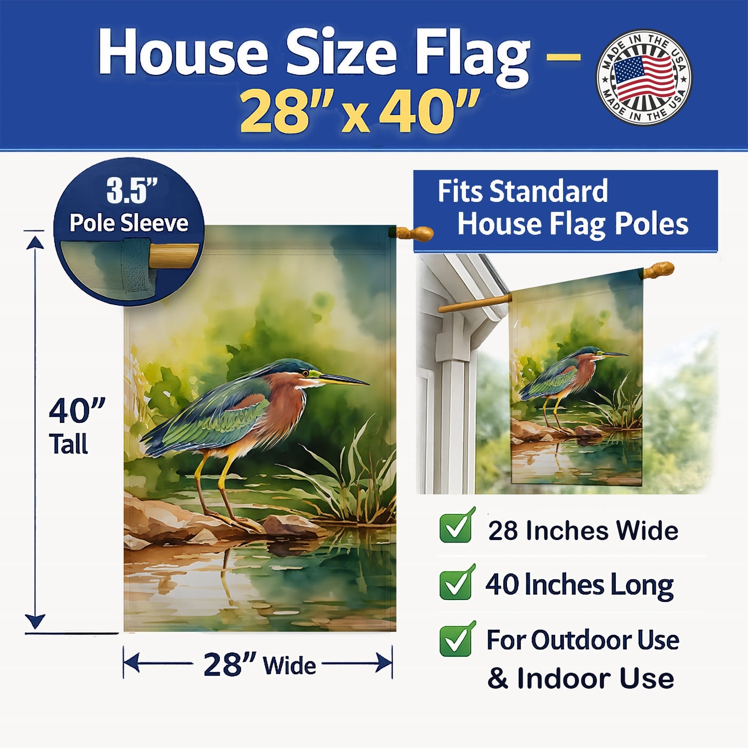 Green Heron Standing Shoreline House Flag 28x40 Porch Sleeve Pole Decorative Outside Yard Banner Artwork Wall Hanging, Polyester