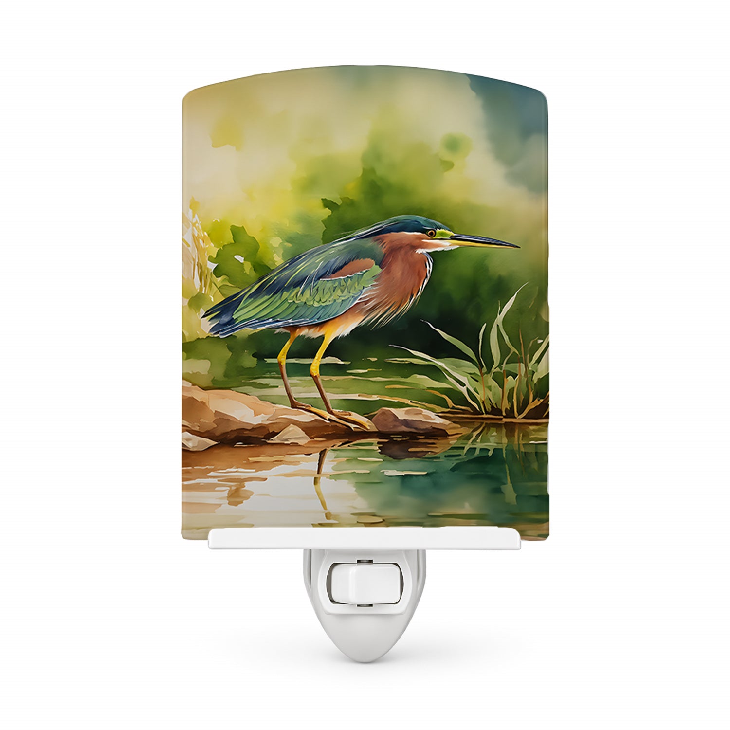 Green Heron Standing Shoreline Ceramic Night Light Compact, UL-Certified, Ideal for Bedroom, Bathroom, Nursery, Hallway, Kitchen, 6x4x3, Multicolor