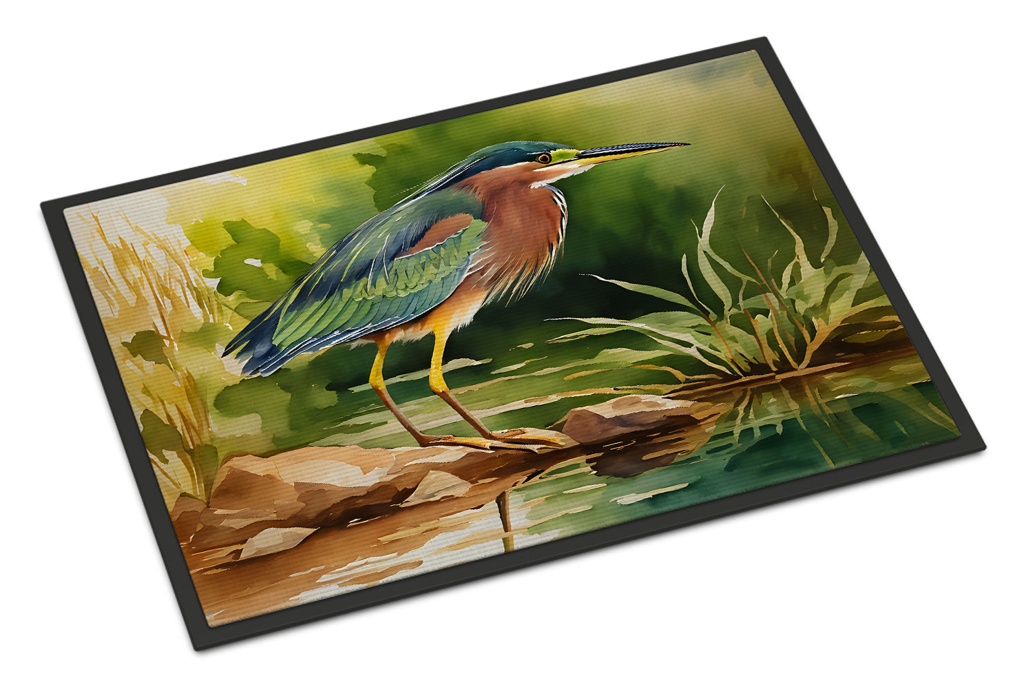 Green Heron Standing Shoreline Doormat Indoor Outdoor 24H X 36W Front Door Mat Rugs for Entryway, Non Slip Washable Low Pile,
