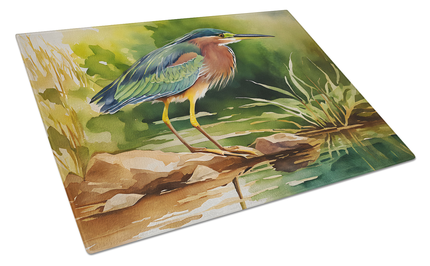 Green Heron Standing Shoreline Cutting Board Tempered Glass Kitchen Cutting Surface, Heat Resistant Chopping, Non-Slip Feet, Food Prep & Serving