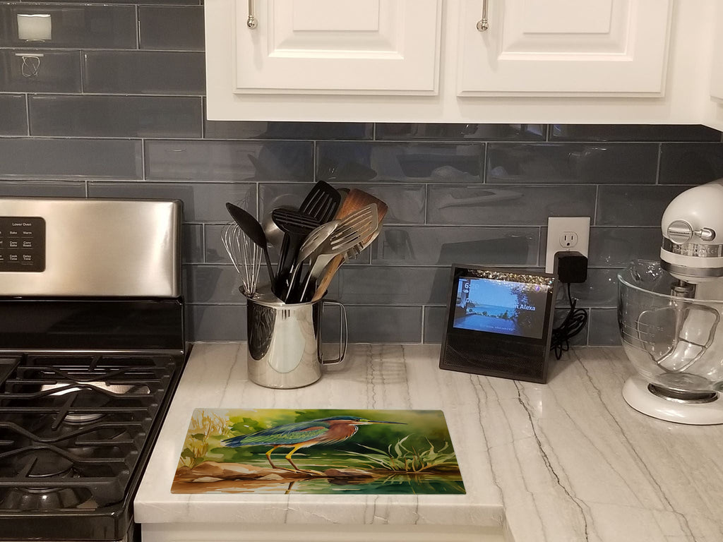 Green Heron Standing Shoreline Cutting Board Tempered Glass Kitchen Cutting Surface, Heat Resistant Chopping, Non-Slip Feet, Food Prep & Serving