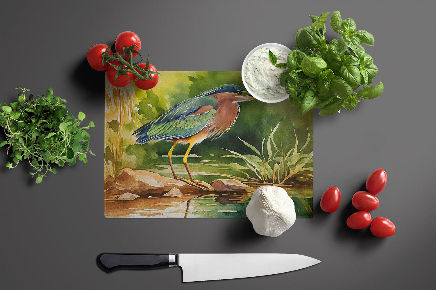 Green Heron Standing Shoreline Cutting Board Tempered Glass Kitchen Cutting Surface, Heat Resistant Chopping, Non-Slip Feet, Food Prep & Serving