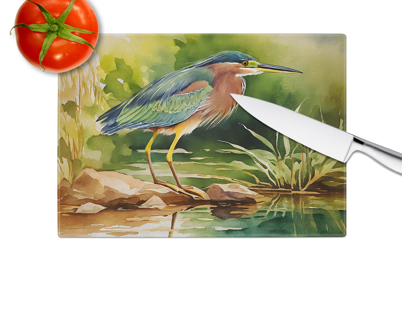 Green Heron Standing Shoreline Cutting Board Tempered Glass Kitchen Cutting Surface, Heat Resistant Chopping, Non-Slip Feet, Food Prep & Serving