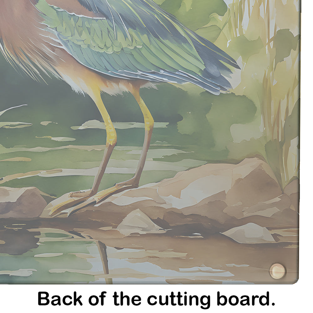 Green Heron Standing Shoreline Cutting Board Tempered Glass Kitchen Cutting Surface, Heat Resistant Chopping, Non-Slip Feet, Food Prep & Serving