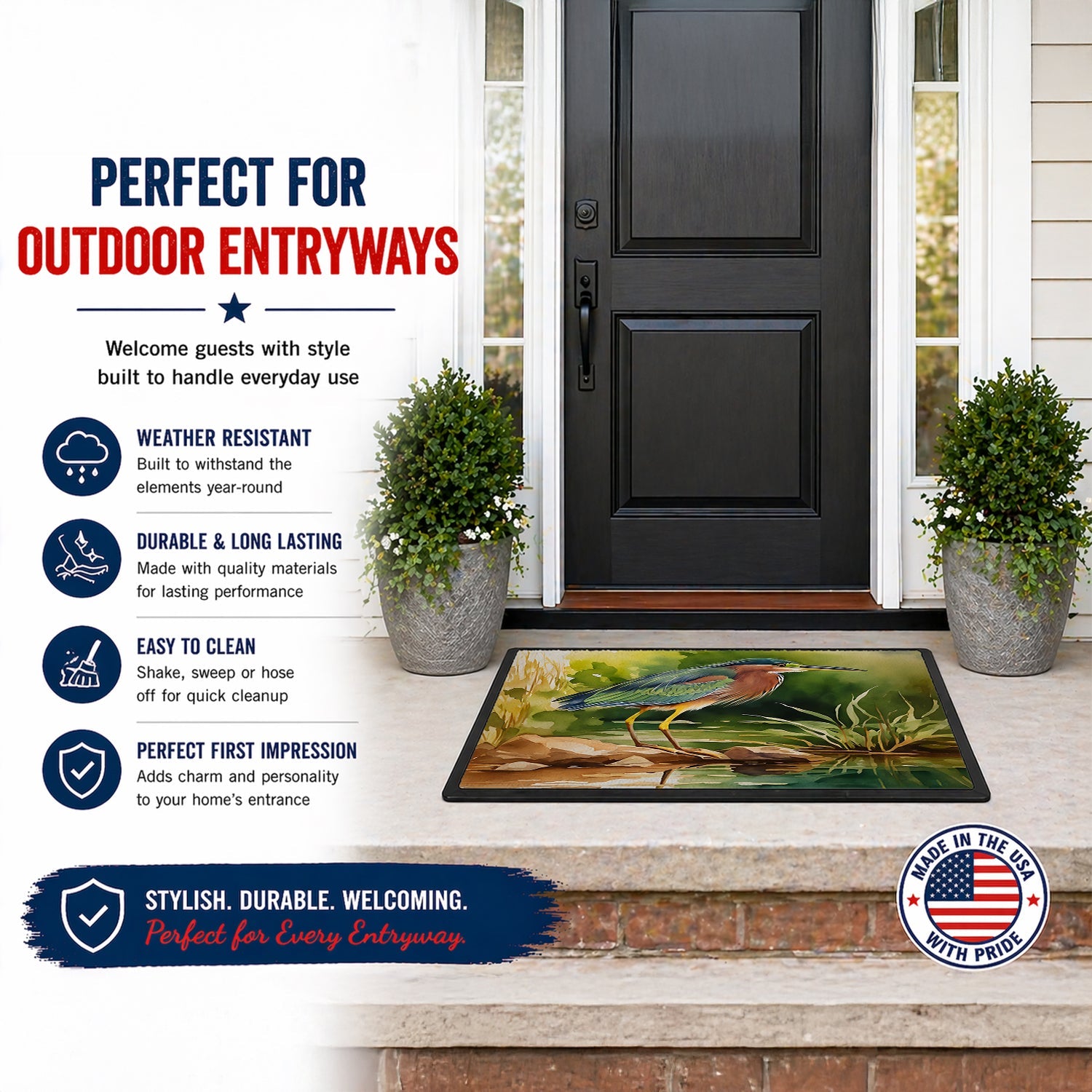 Green Heron Standing Shoreline Doormat Indoor Outdoor 18H X 27W Front Door Mat Rugs for Entryway, Non Slip Washable