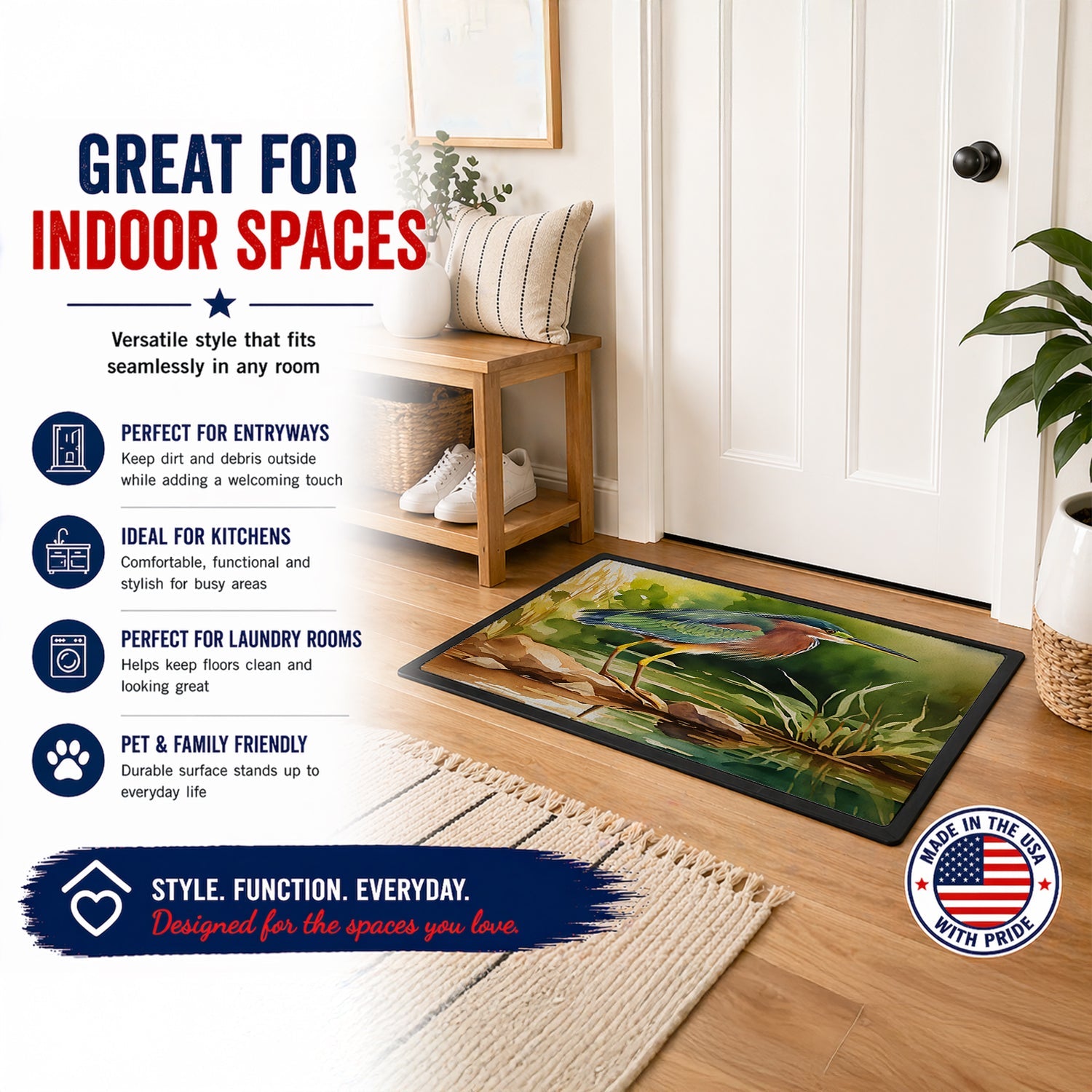 Green Heron Standing Shoreline Doormat Indoor Outdoor 18H X 27W Front Door Mat Rugs for Entryway, Non Slip Washable