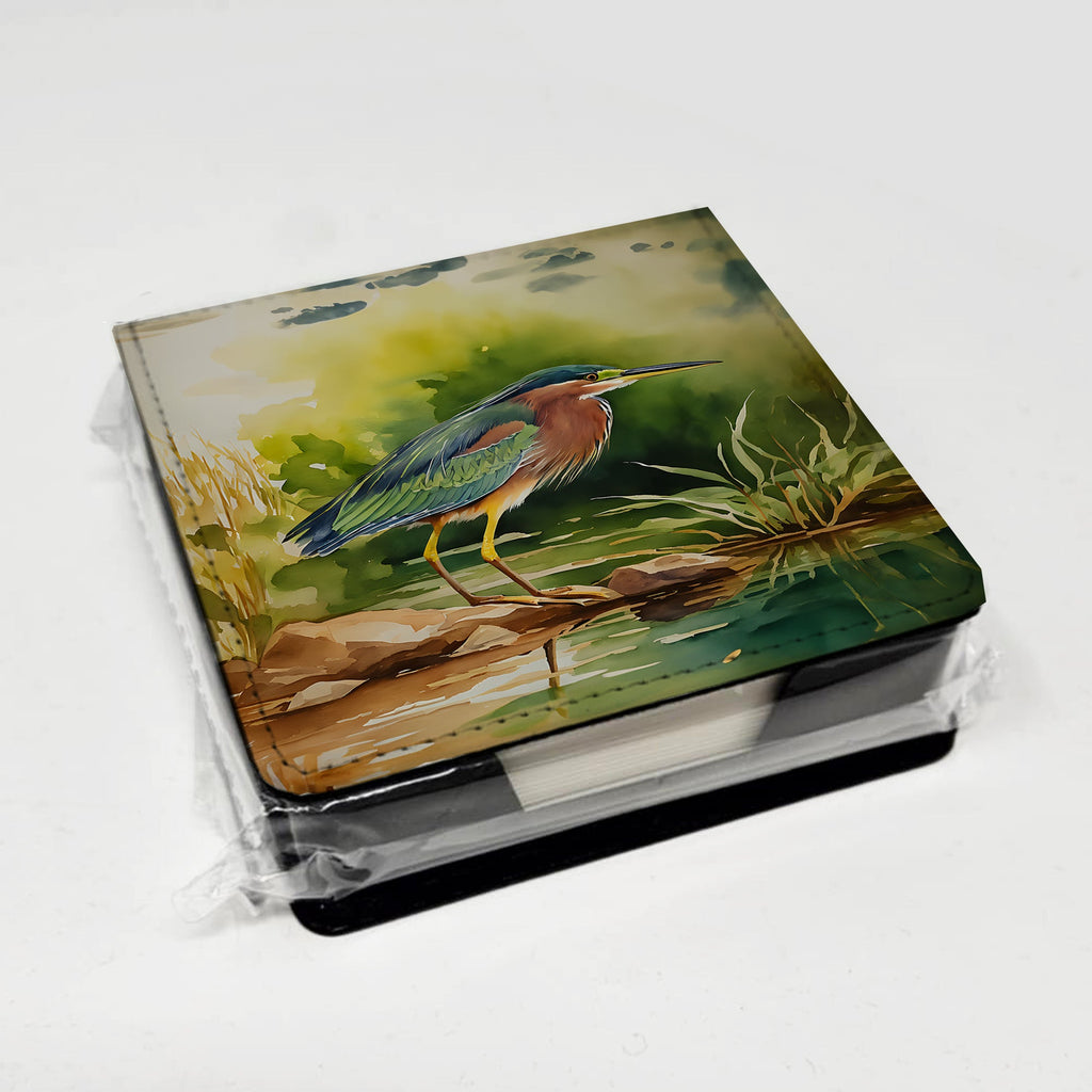 Green Heron Standing Shoreline PU Leather Note Paper Holder with Artist-Designed Cover, Desk Accessory, Office Gift
