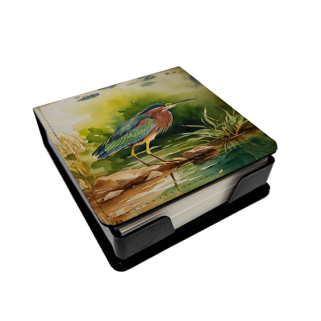 Green Heron Standing Shoreline PU Leather Note Paper Holder with Artist-Designed Cover, Desk Accessory, Office Gift