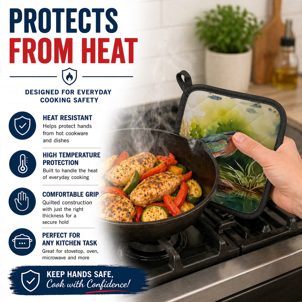 Green Heron Standing Shoreline Pot Holder Set of 2 Heat Resistant Quilted Hot Pads 7.5 x 7.5 Inch, Insulated Kitchen Trivets for Cooking & Baking