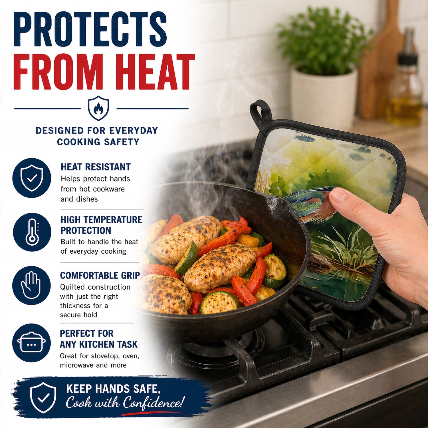 Green Heron Standing Shoreline Pot Holder Set of 2 Heat Resistant Quilted Hot Pads 7.5 x 7.5 Inch, Insulated Kitchen Trivets for Cooking & Baking