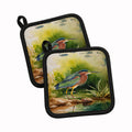 Green Heron Standing Shoreline Pot Holder Set of 2 Heat Resistant Quilted Hot Pads 7.5 x 7.5 Inch, Insulated Kitchen Trivets for Cooking & Baking