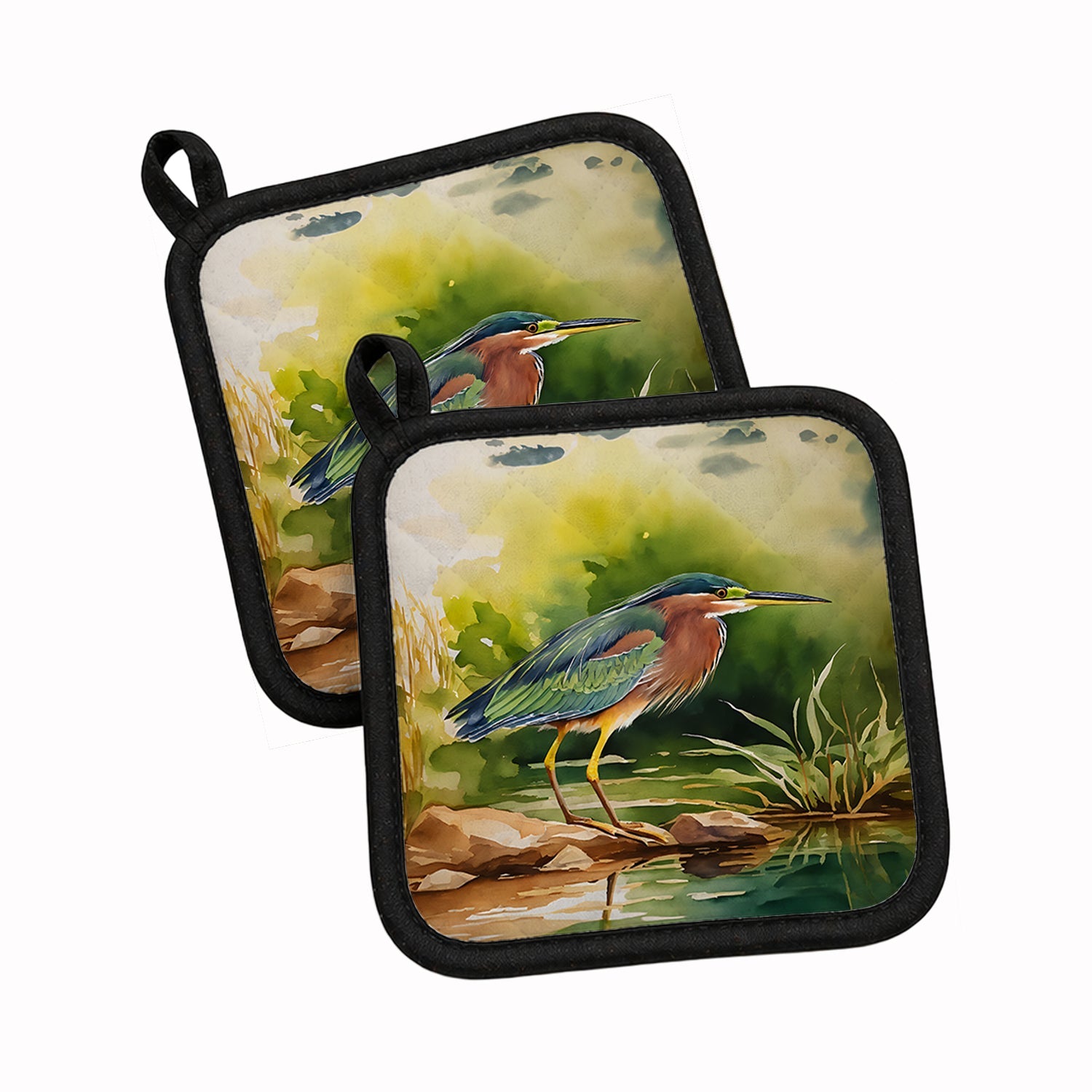 Green Heron Standing Shoreline Pot Holder Set of 2 Heat Resistant Quilted Hot Pads 7.5 x 7.5 Inch, Insulated Kitchen Trivets for Cooking & Baking