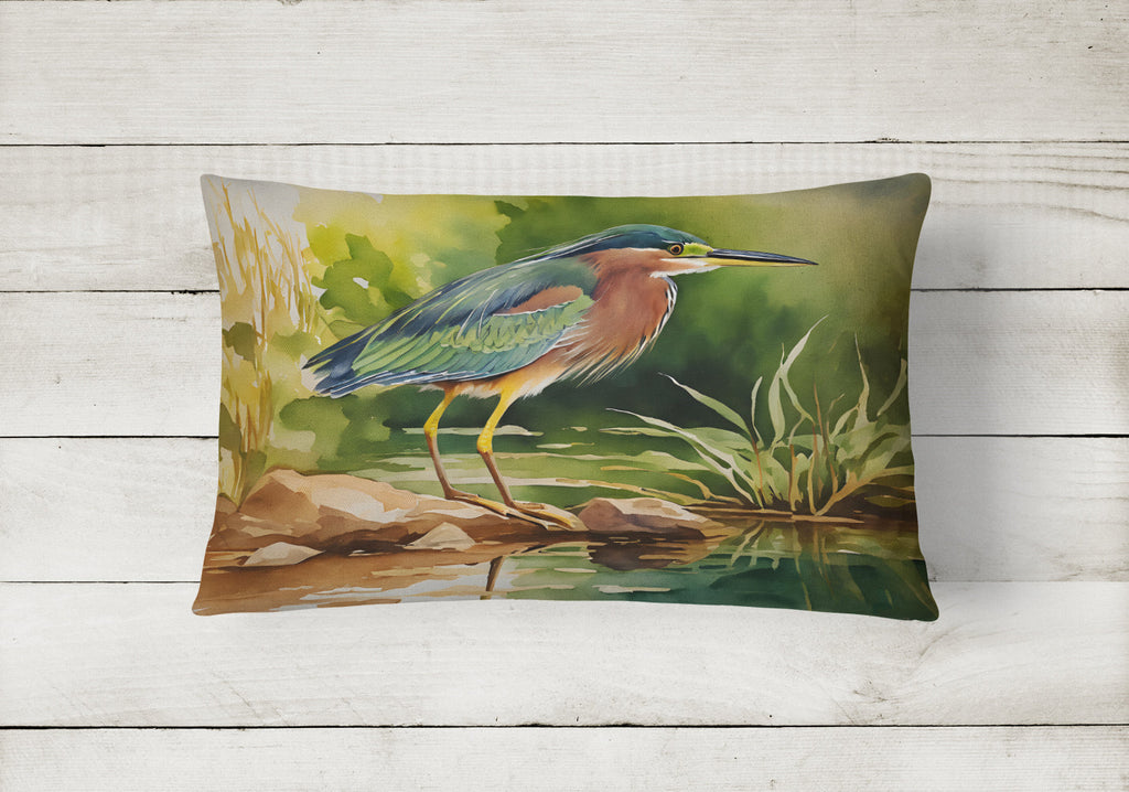 Green Heron Standing Shoreline Decorative Throw Pillow 12x16 Indoor Outdoor Accent Cushion, Fabric Cover with Insert for Sofa, Bed, Porch & Living Room