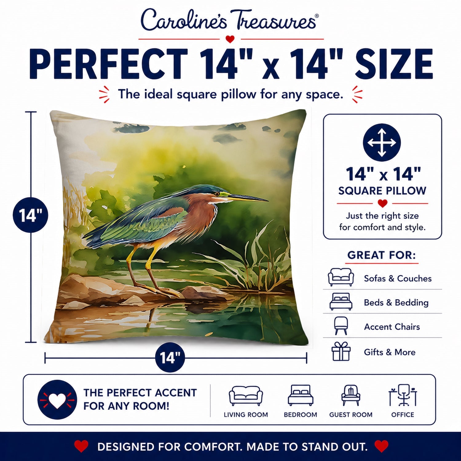Green Heron Standing Shoreline Decorative Throw Pillow 14x14 Indoor Outdoor Accent Cushion, Fabric Cover with Insert for Sofa, Bed, Porch & Living Room