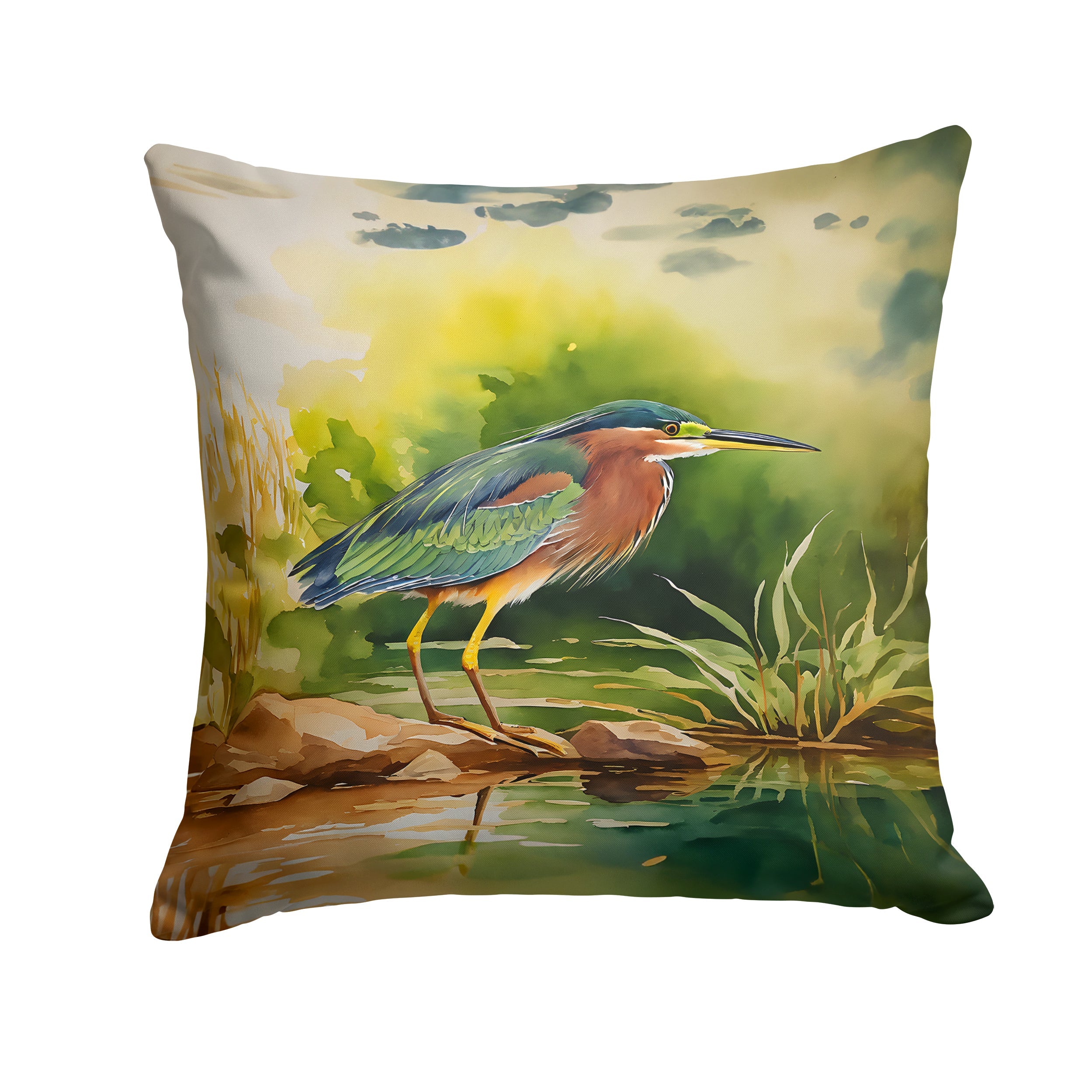 Green Heron Standing Shoreline Decorative Throw Pillow 14x14 Indoor Outdoor Accent Cushion, Fabric Cover with Insert for Sofa, Bed, Porch & Living Room
