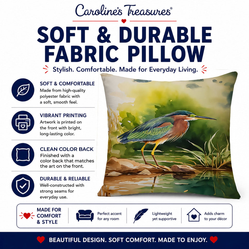Green Heron Standing Shoreline Decorative Throw Pillow 18x18 Indoor Outdoor Accent Cushion, Fabric Cover with Insert for Sofa, Bed, Porch & Living Room