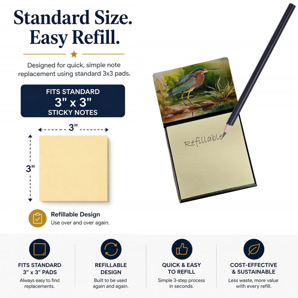 Green Heron Standing Shoreline Watercolor Sticky Note Holder Refillable Dispenser Desk Accessory 3x3 Pad Gift
