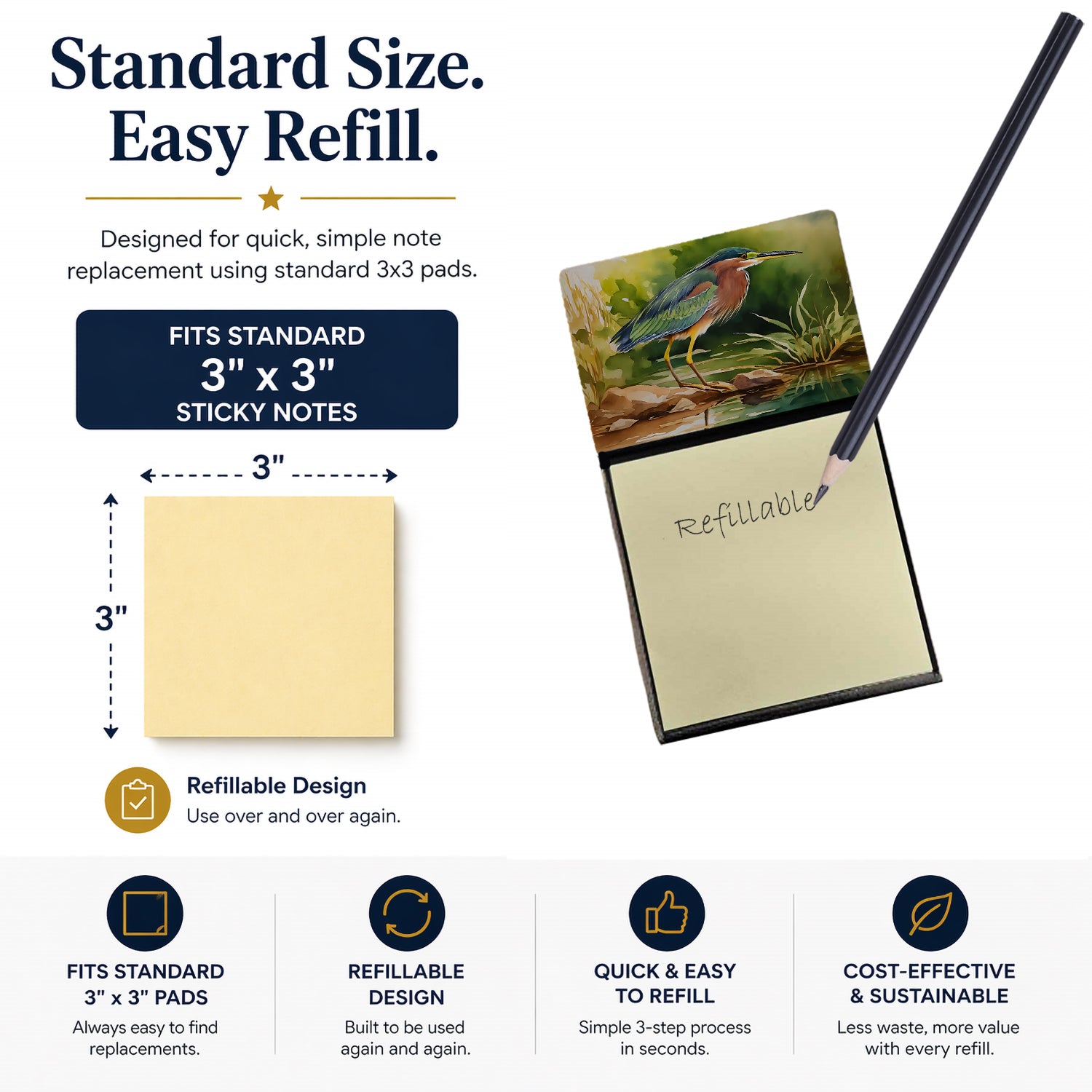 Green Heron Standing Shoreline Watercolor Sticky Note Holder Refillable Dispenser Desk Accessory 3x3 Pad Gift