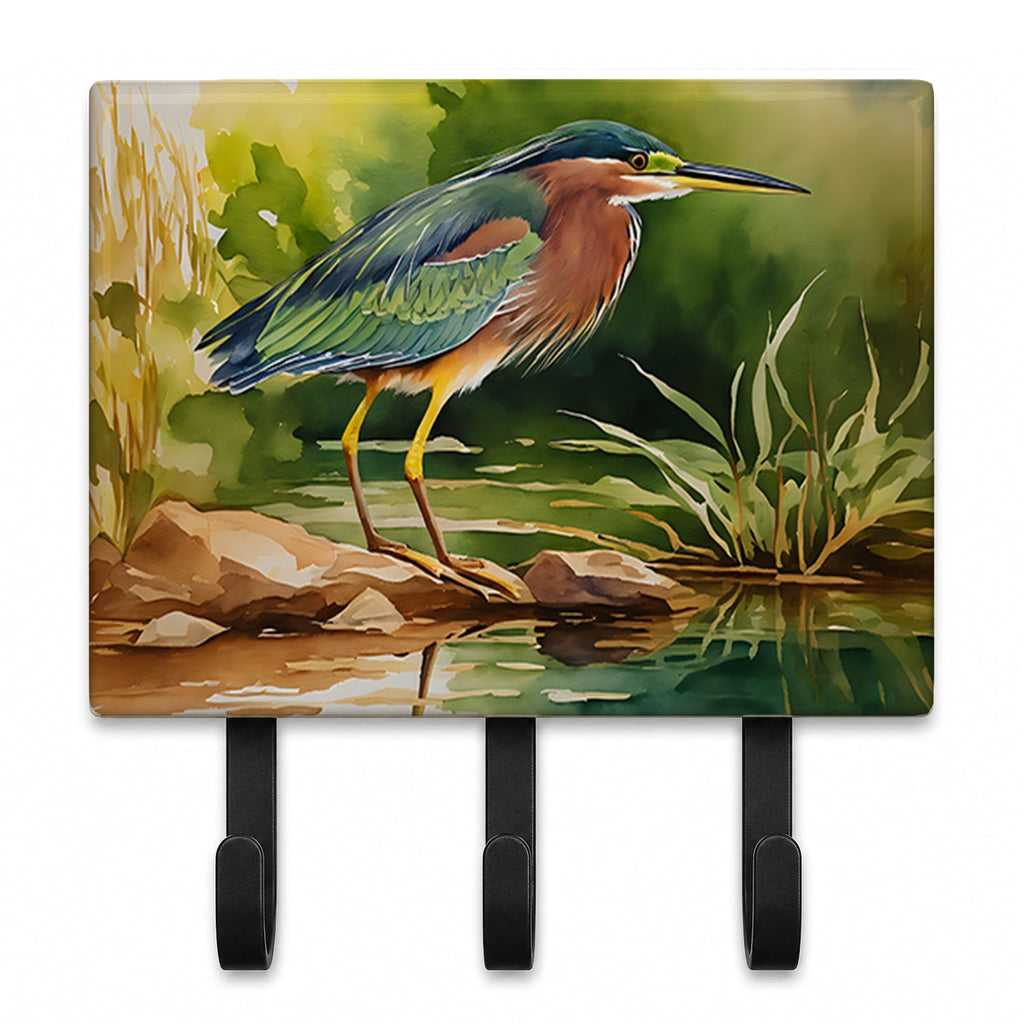 Green Heron Standing Shoreline Leash or Key Holder Wall Hooks, Coat Rack Wall Mount, for Hanging Keys, Towels, Aprons, Leashes