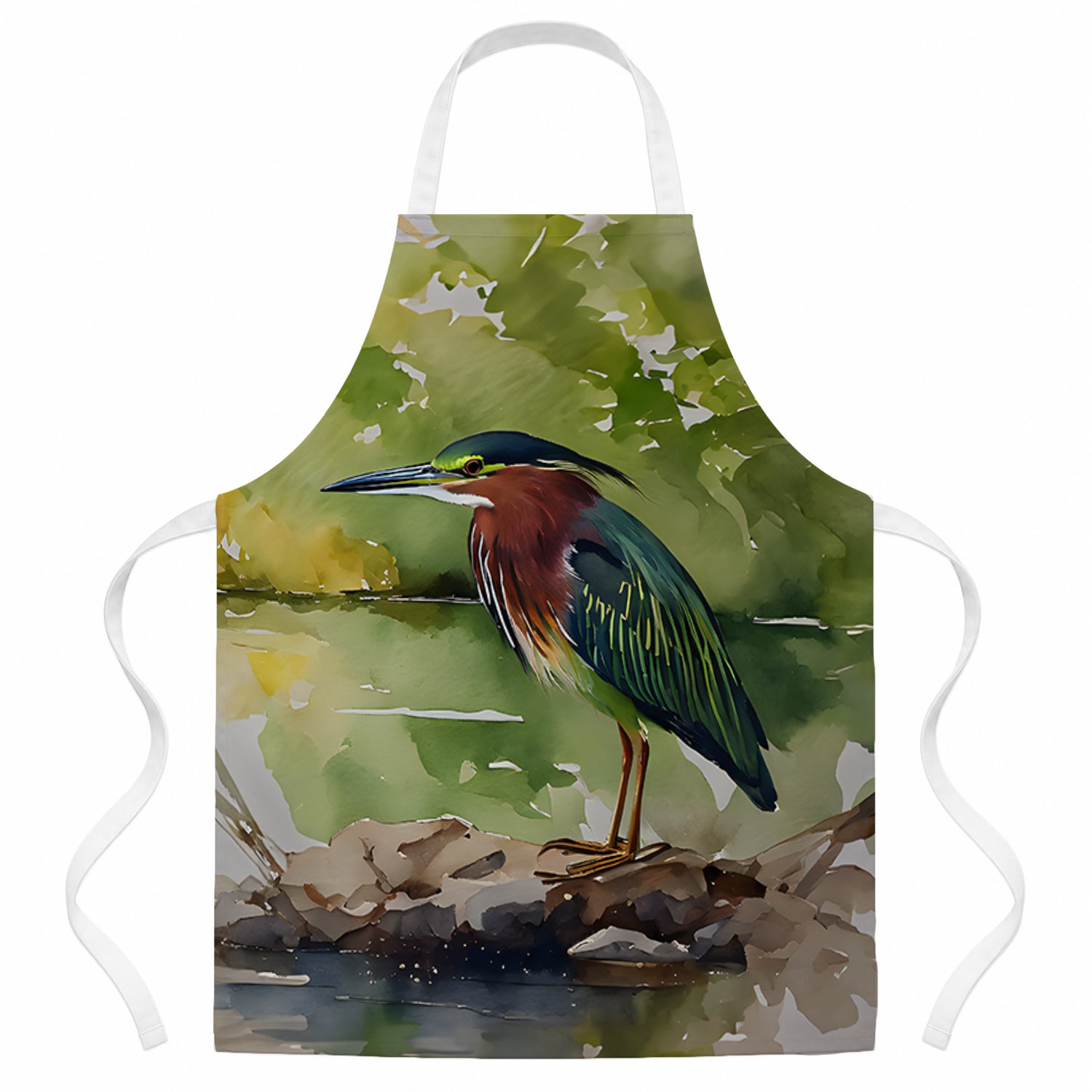 Green Heron by Water Edge Apron Cooking Kitchen Server Baking Crafts Gardening for Adult Women Men, Unisex, Large, Multicolor