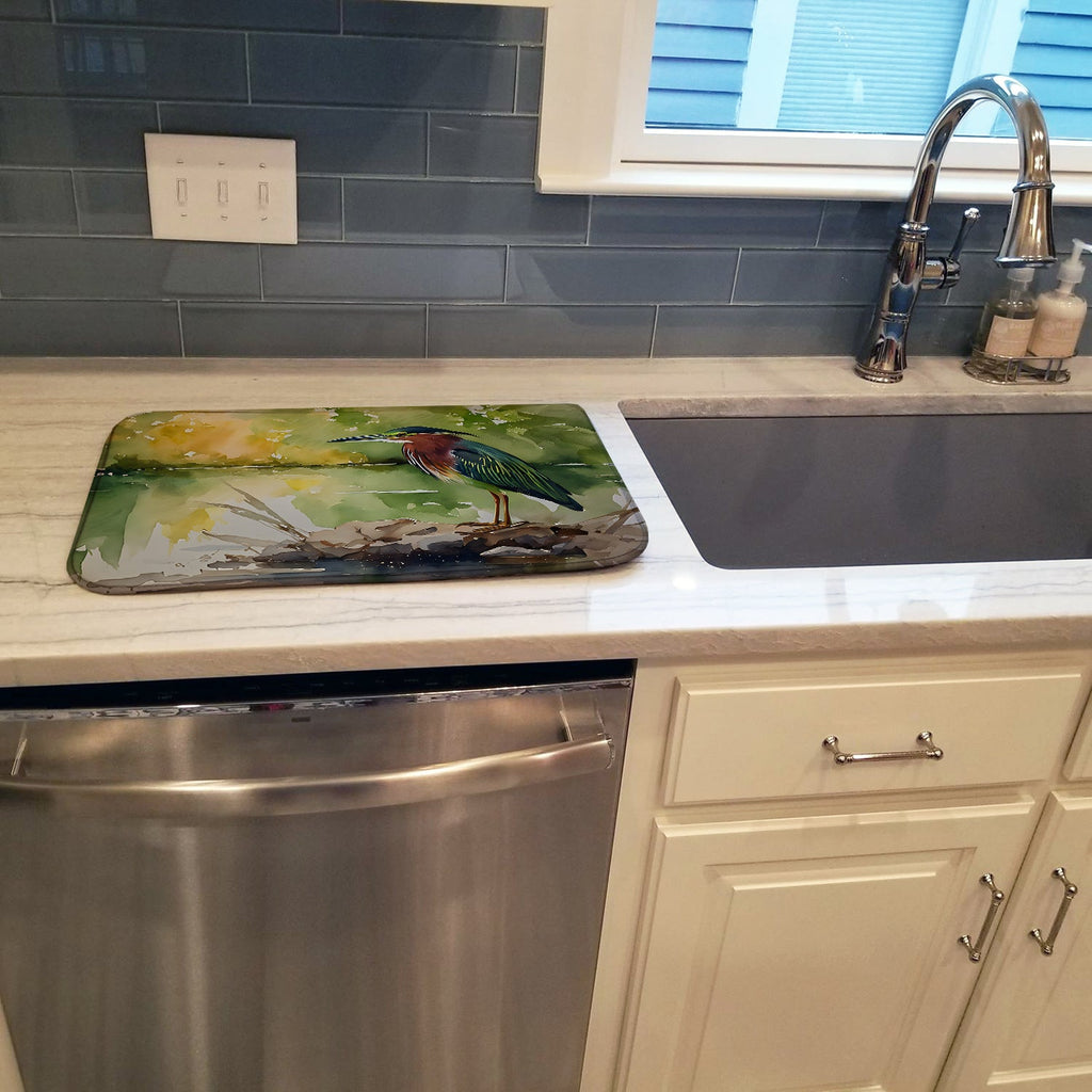 Green Heron by Water Edge Dish Drying Mat Absorbent Dish Drying Mat Pad for Kitchen Counter Dish Drainer Mat for Countertop, 14 x 21", Multicolor
