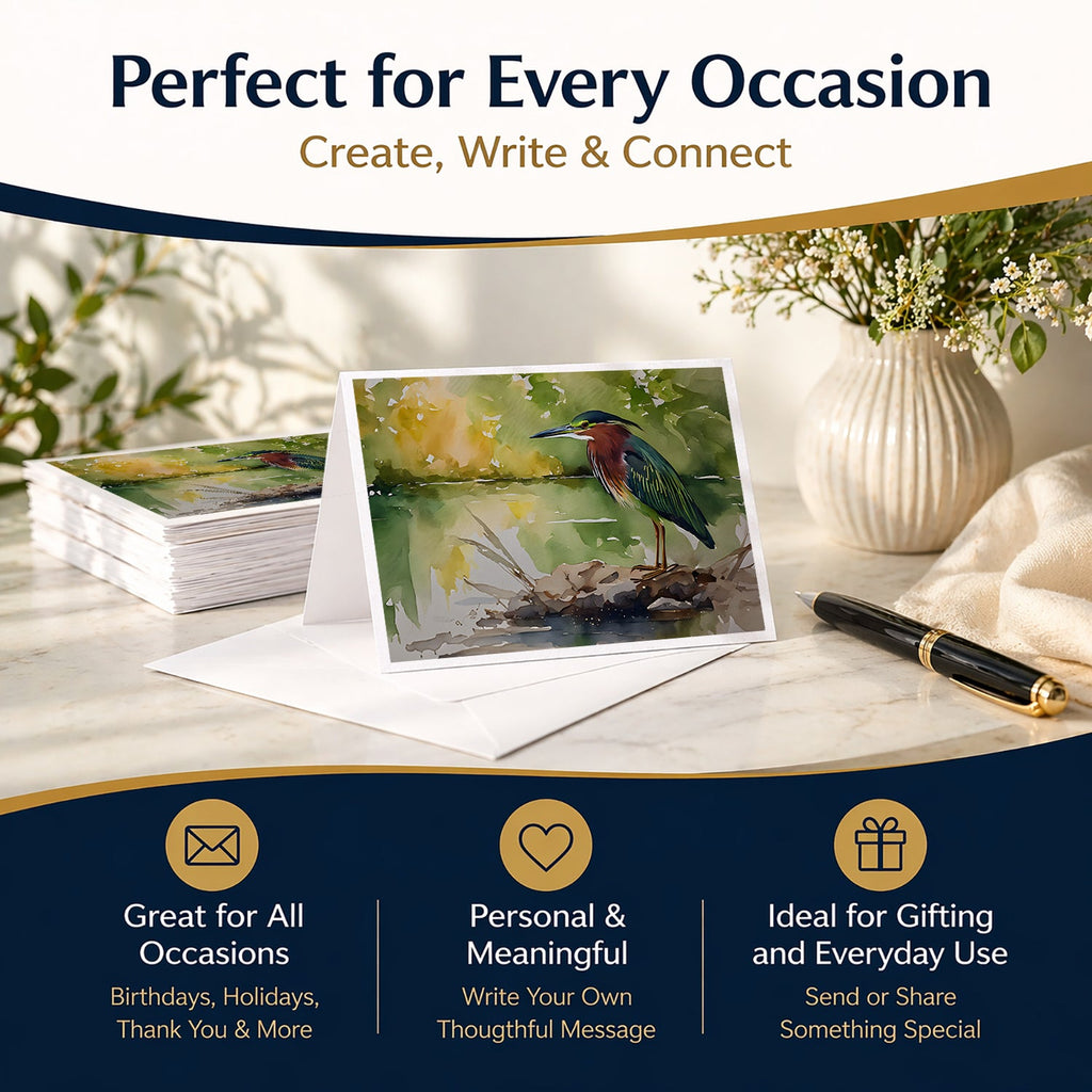 Green Heron by Water Edge Greeting Cards Pack of 8 Blank Cards with Envelopes Whimsical A7 Size 5x7