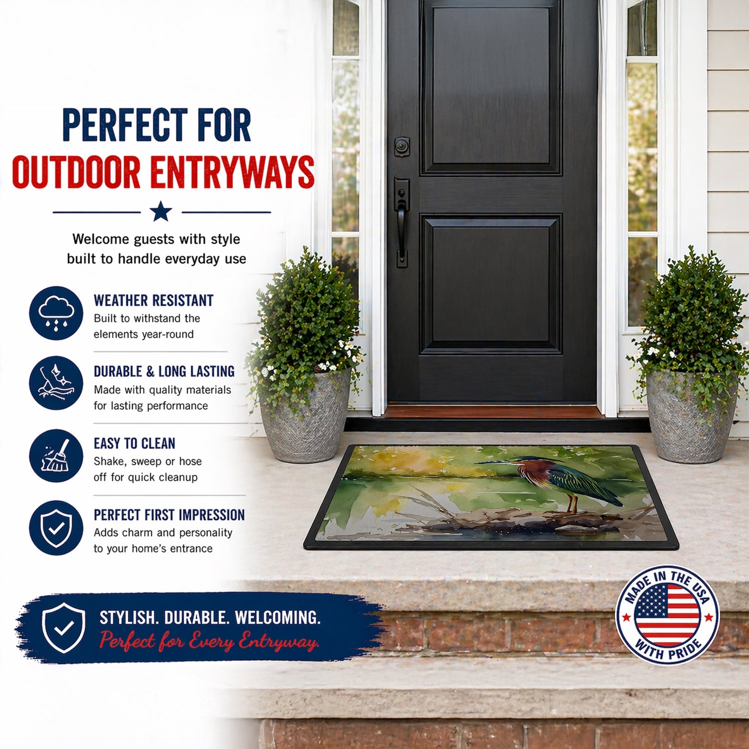Green Heron by Water Edge Doormat Indoor Outdoor 24H X 36W Front Door Mat Rugs for Entryway, Non Slip Washable Low Pile,