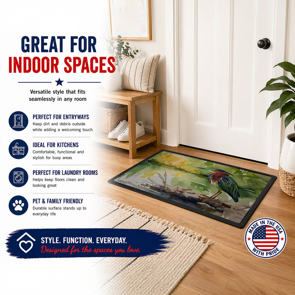 Green Heron by Water Edge Doormat Indoor Outdoor 24H X 36W Front Door Mat Rugs for Entryway, Non Slip Washable Low Pile,