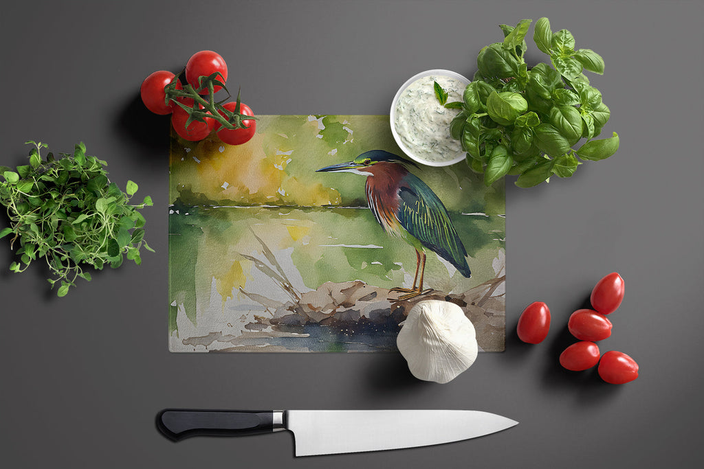 Green Heron by Water Edge Cutting Board Tempered Glass Kitchen Cutting Surface, Heat Resistant Chopping, Non-Slip Feet, Food Prep & Serving