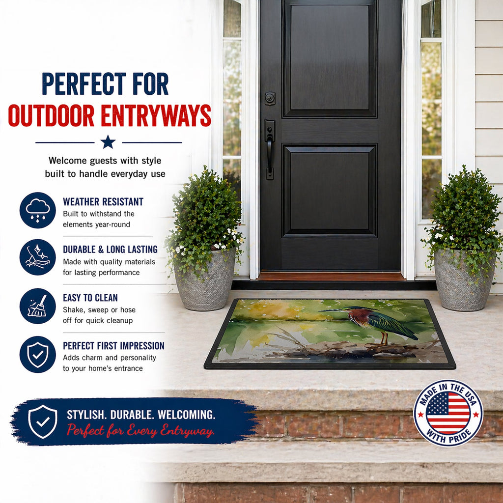 Green Heron by Water Edge Doormat Indoor Outdoor 18H X 27W Front Door Mat Rugs for Entryway, Non Slip Washable