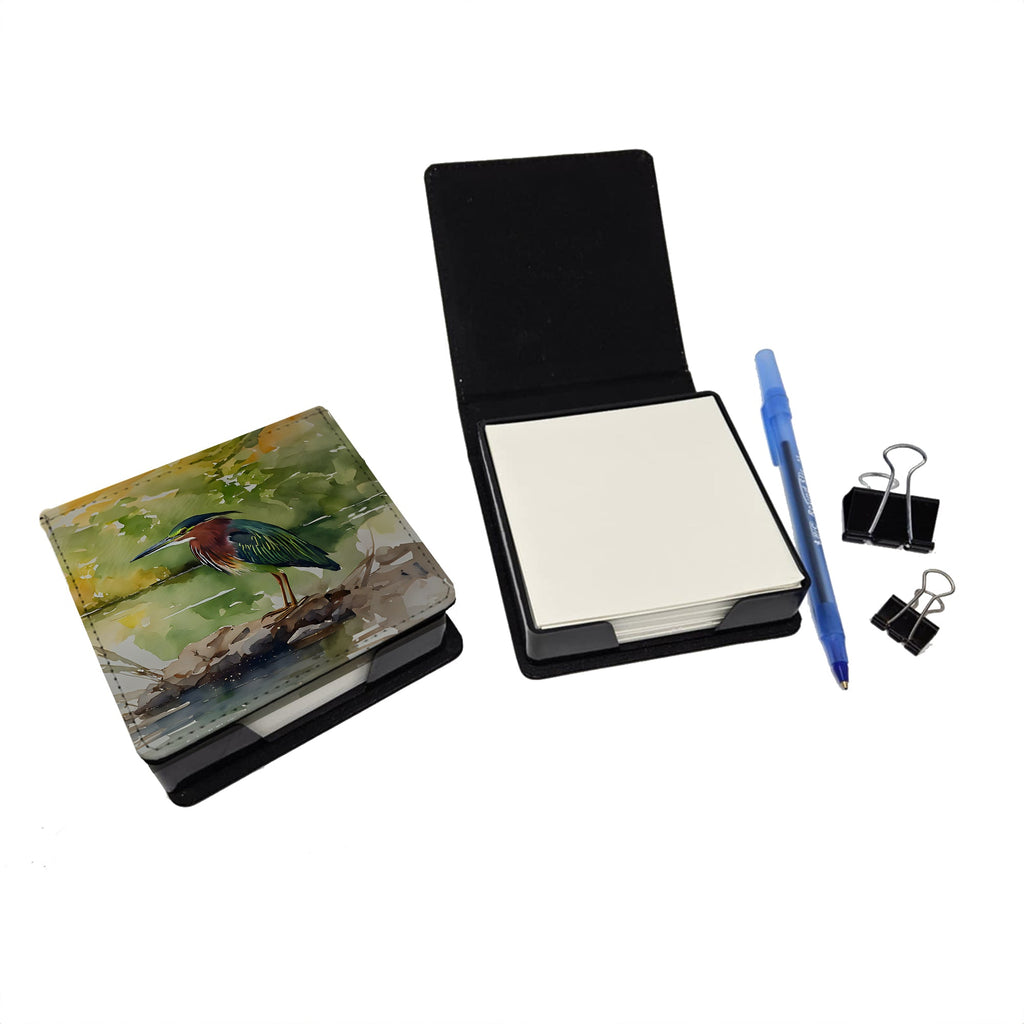 Green Heron by Water Edge PU Leather Note Paper Holder with Artist-Designed Cover, Desk Accessory, Office Gift