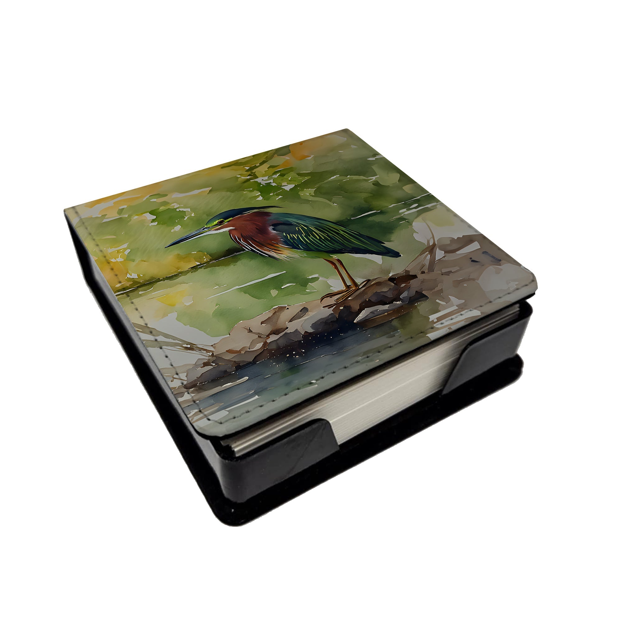 Green Heron by Water Edge PU Leather Note Paper Holder with Artist-Designed Cover, Desk Accessory, Office Gift