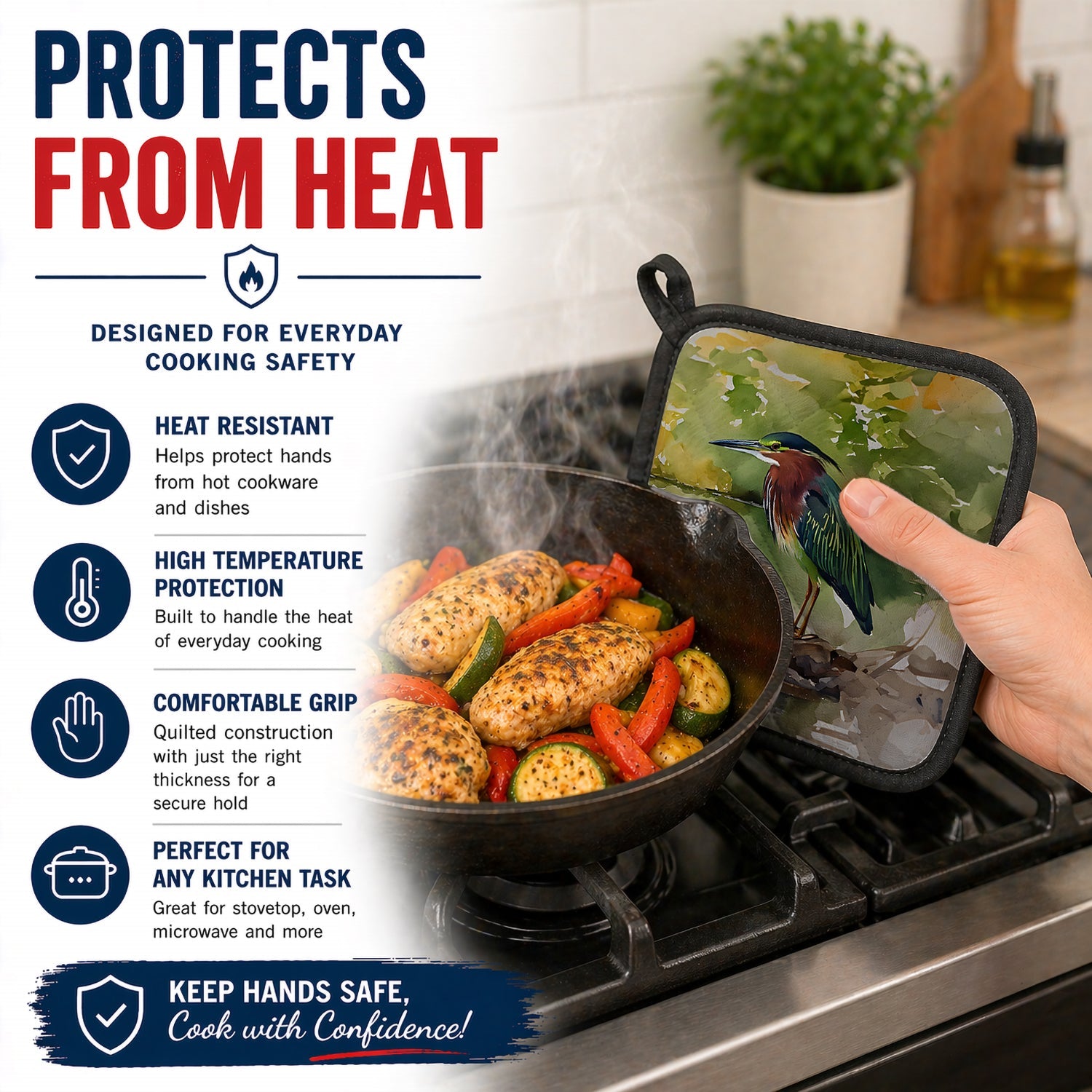 Green Heron by Water Edge Pot Holder Set of 2 Heat Resistant Quilted Hot Pads 7.5 x 7.5 Inch, Insulated Kitchen Trivets for Cooking & Baking