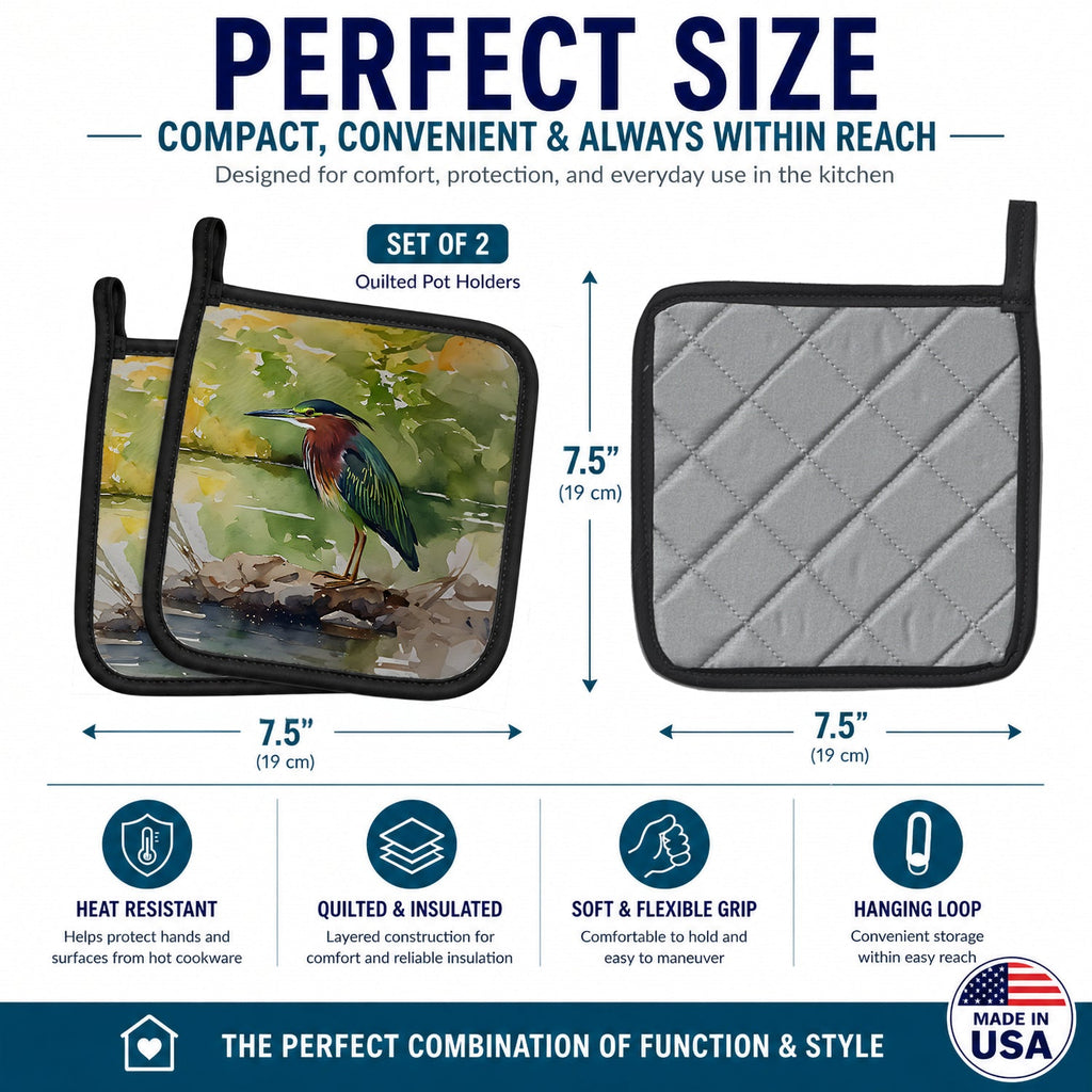 Green Heron by Water Edge Pot Holder Set of 2 Heat Resistant Quilted Hot Pads 7.5 x 7.5 Inch, Insulated Kitchen Trivets for Cooking & Baking