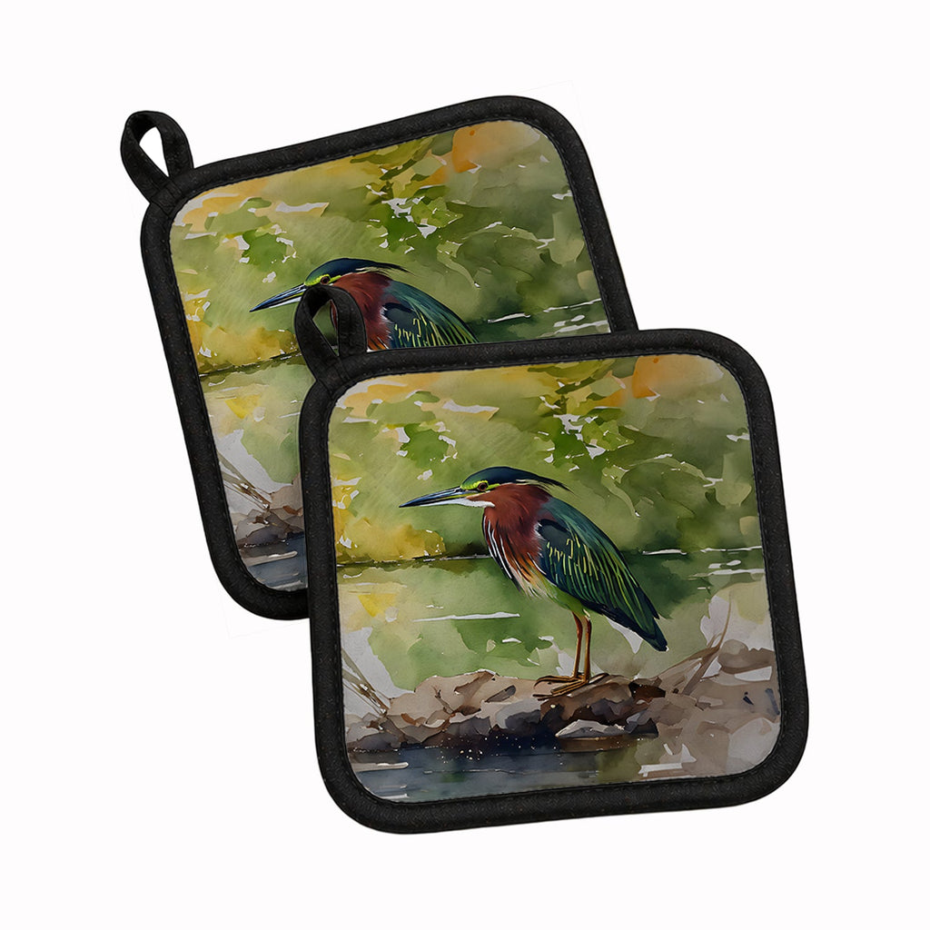 Green Heron by Water Edge Pot Holder Set of 2 Heat Resistant Quilted Hot Pads 7.5 x 7.5 Inch, Insulated Kitchen Trivets for Cooking & Baking