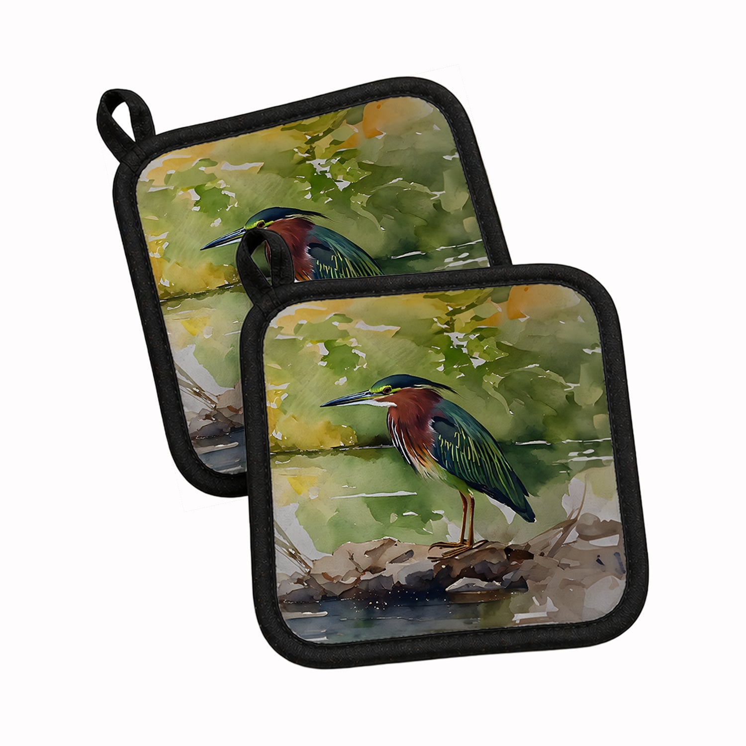 Green Heron by Water Edge Pot Holder Set of 2 Heat Resistant Quilted Hot Pads 7.5 x 7.5 Inch, Insulated Kitchen Trivets for Cooking & Baking