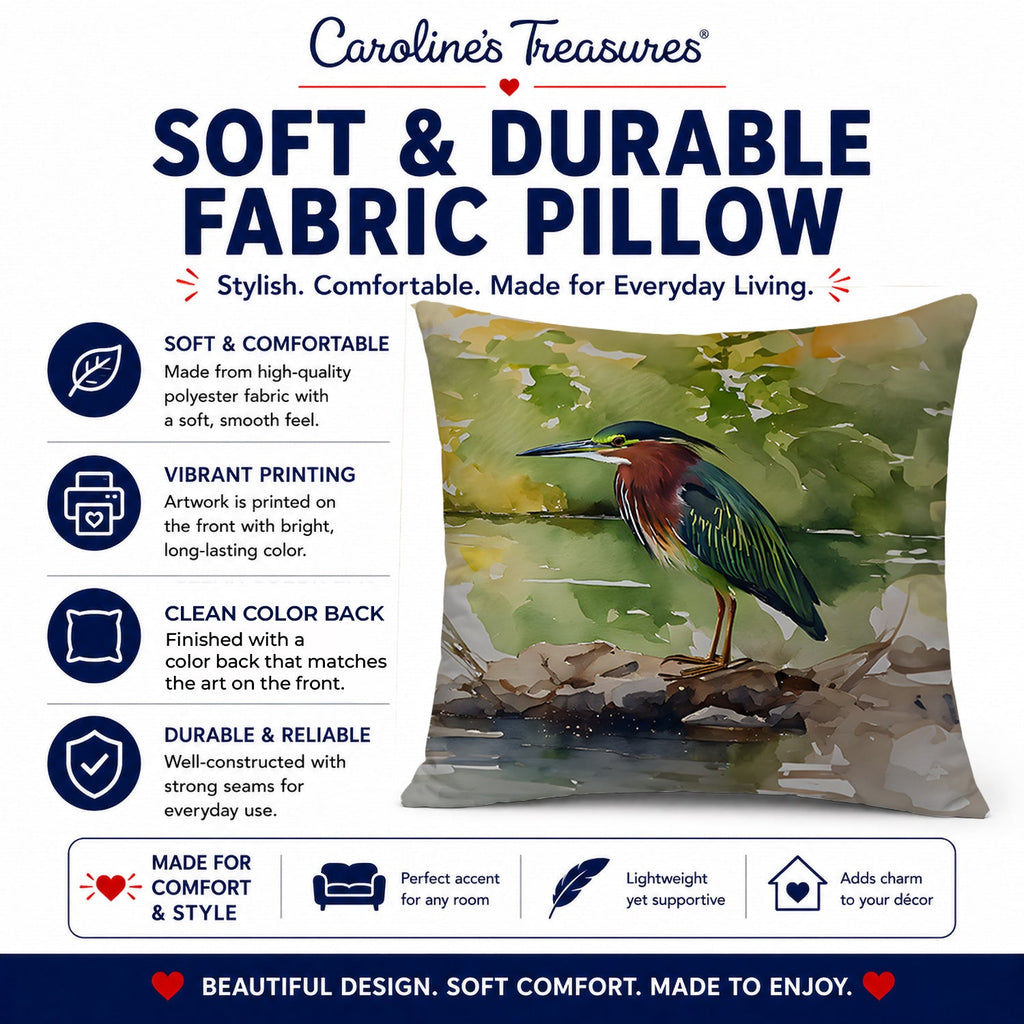 Green Heron by Water Edge Decorative Throw Pillow 14x14 Indoor Outdoor Accent Cushion, Fabric Cover with Insert for Sofa, Bed, Porch & Living Room