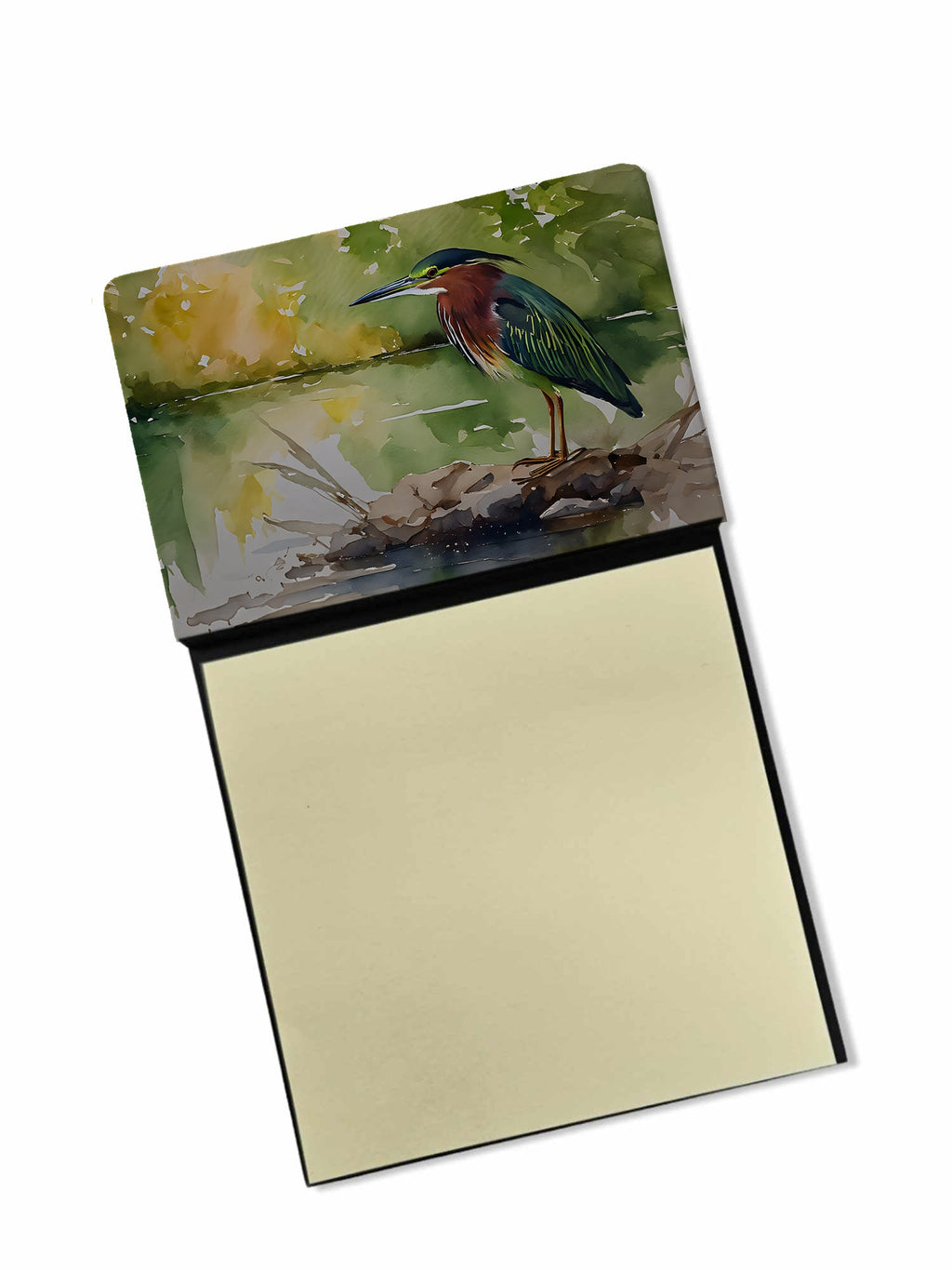 Green Heron by Water Edge Watercolor Sticky Note Holder Refillable Dispenser Desk Accessory 3x3 Pad Gift