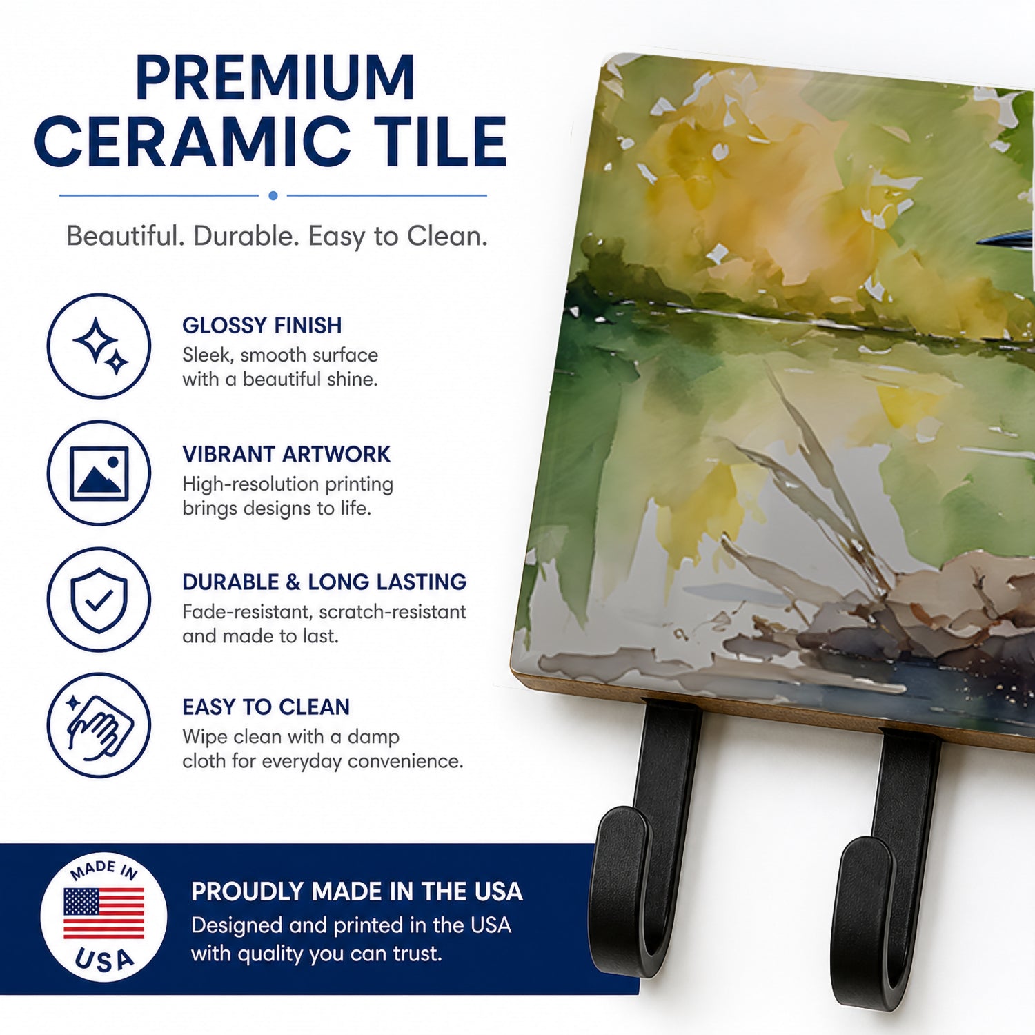 Green Heron by Water Edge Leash or Key Holder Wall Hooks, Coat Rack Wall Mount, for Hanging Keys, Towels, Aprons, Leashes