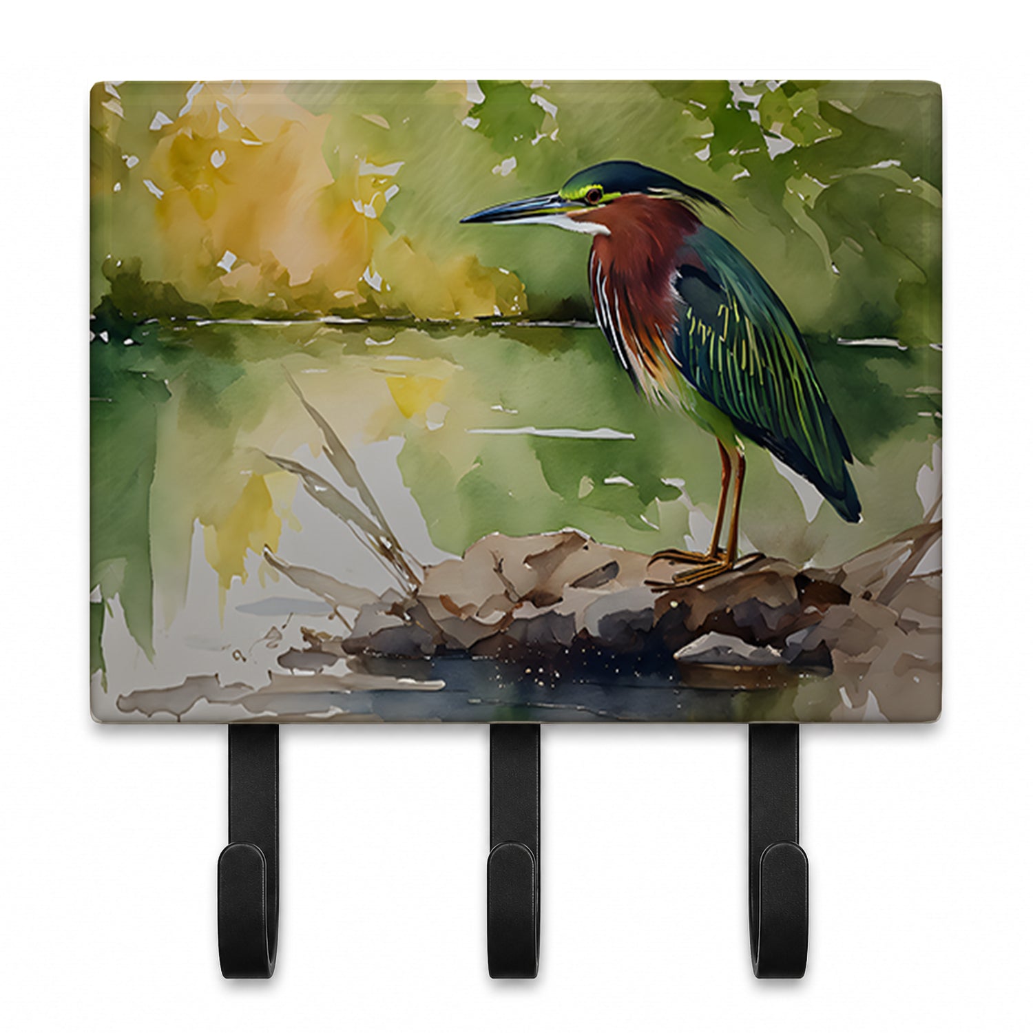 Green Heron by Water Edge Leash or Key Holder Wall Hooks, Coat Rack Wall Mount, for Hanging Keys, Towels, Aprons, Leashes