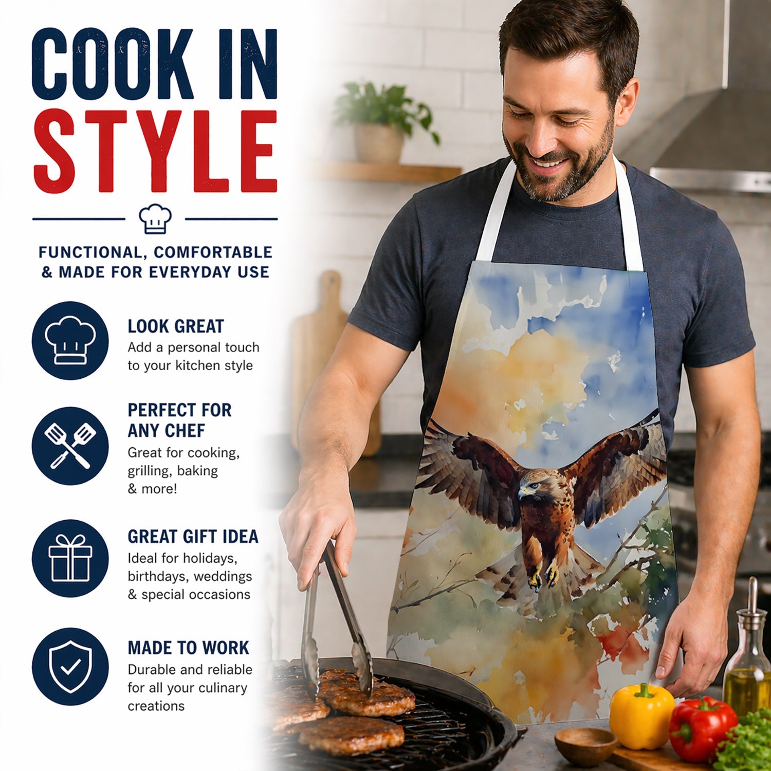 Red Tailed Hawk Landing Wings Spread Apron Cooking Kitchen Server Baking Crafts Gardening for Adult Women Men, Unisex, Large, Multicolor