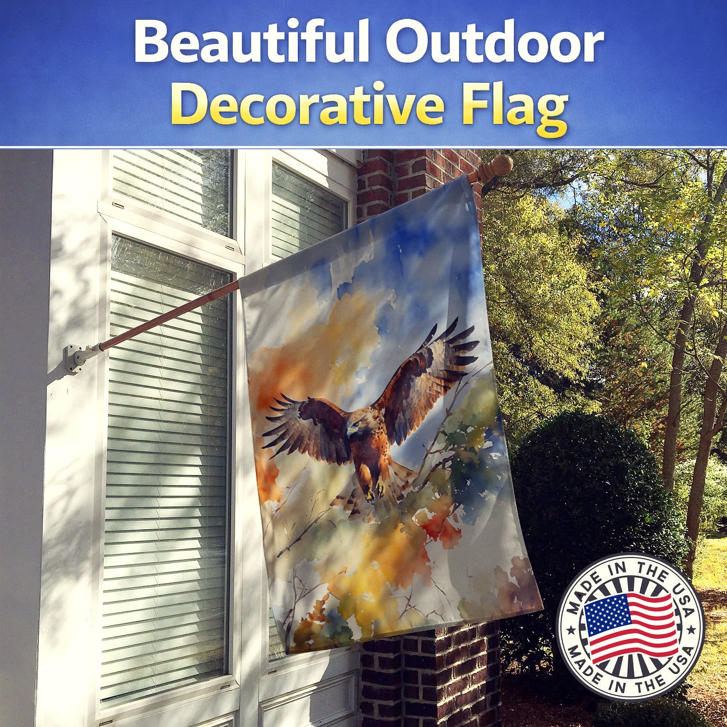 Red Tailed Hawk Landing Wings Spread House Flag 28x40 Porch Sleeve Pole Decorative Outside Yard Banner Artwork Wall Hanging, Polyester