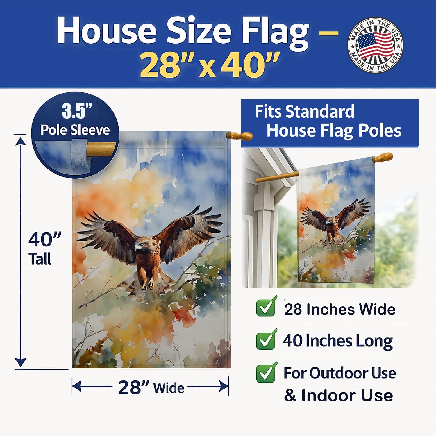 Red Tailed Hawk Landing Wings Spread House Flag 28x40 Porch Sleeve Pole Decorative Outside Yard Banner Artwork Wall Hanging, Polyester