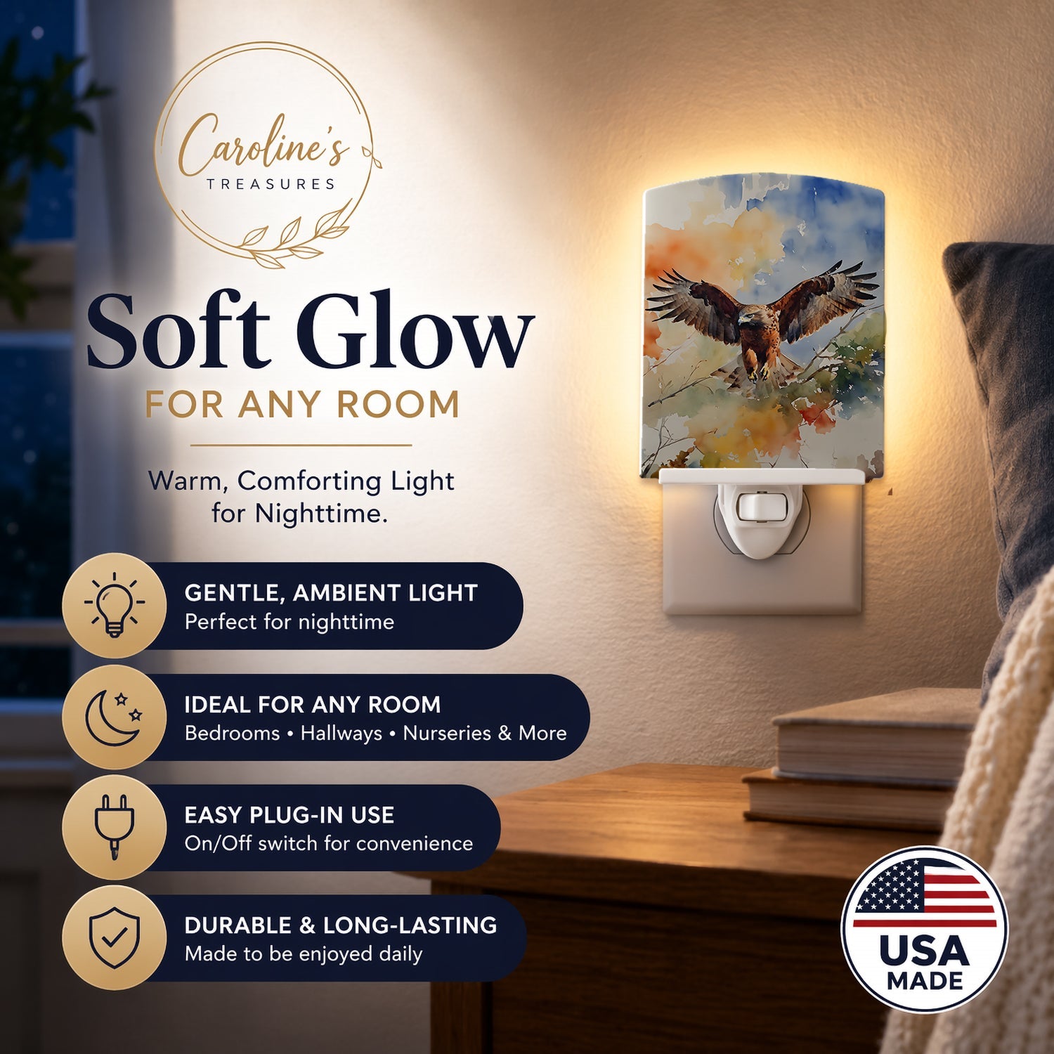 Red Tailed Hawk Landing Wings Spread Ceramic Night Light Compact, UL-Certified, Ideal for Bedroom, Bathroom, Nursery, Hallway, Kitchen, 6x4x3, Multicolor