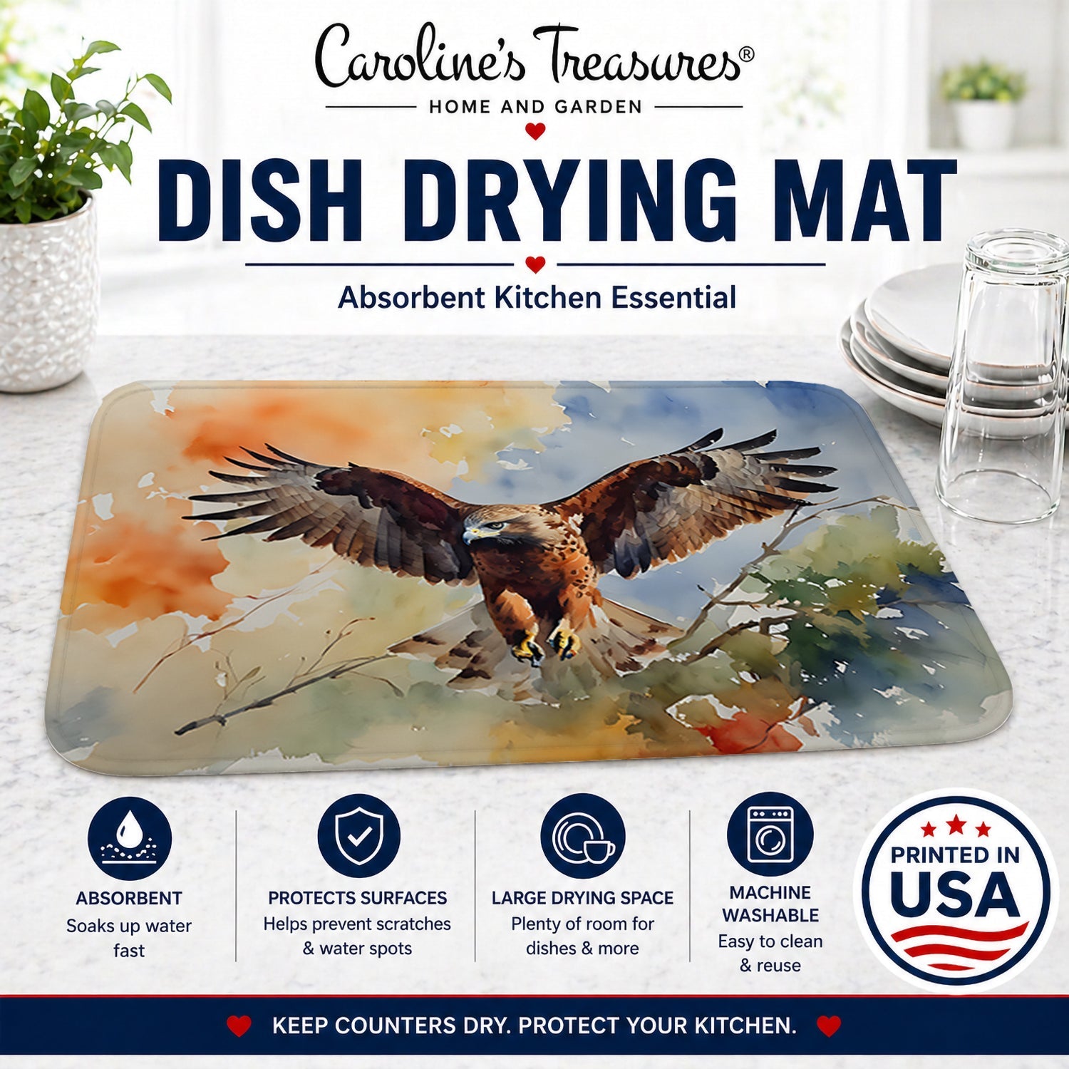 Red Tailed Hawk Landing Wings Spread Dish Drying Mat Absorbent Dish Drying Mat Pad for Kitchen Counter Dish Drainer Mat for Countertop, 14 x 21", Multicolor