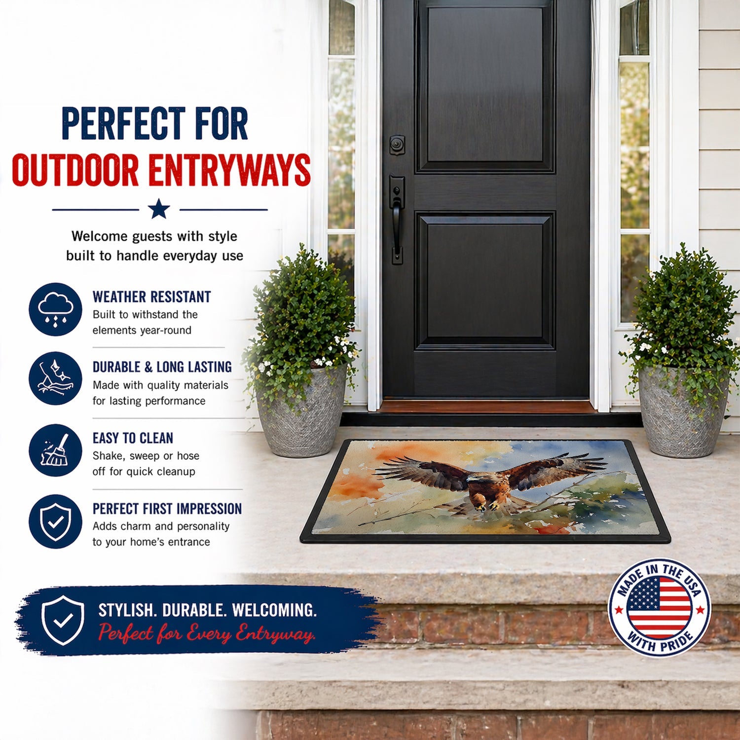 Red Tailed Hawk Landing Wings Spread Doormat Indoor Outdoor 24H X 36W Front Door Mat Rugs for Entryway, Non Slip Washable Low Pile,