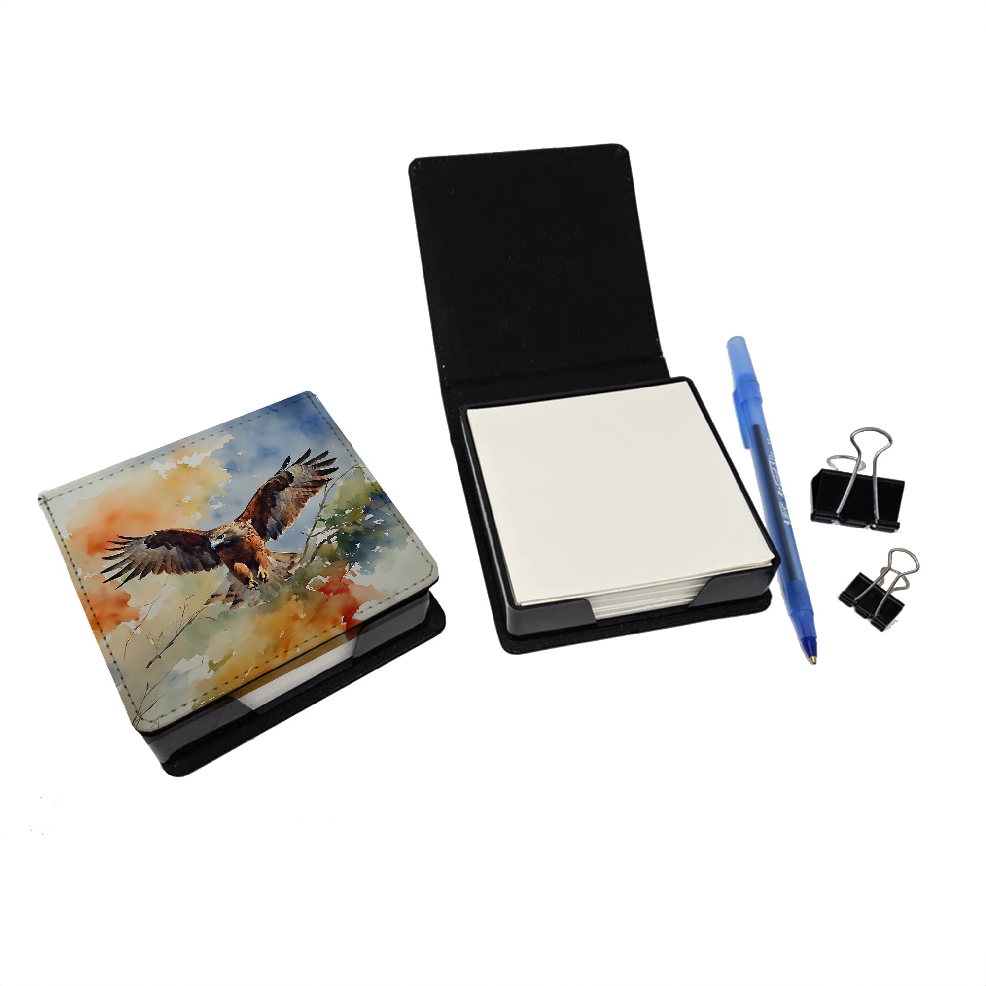Red Tailed Hawk Landing Wings Spread PU Leather Note Paper Holder with Artist-Designed Cover, Desk Accessory, Office Gift